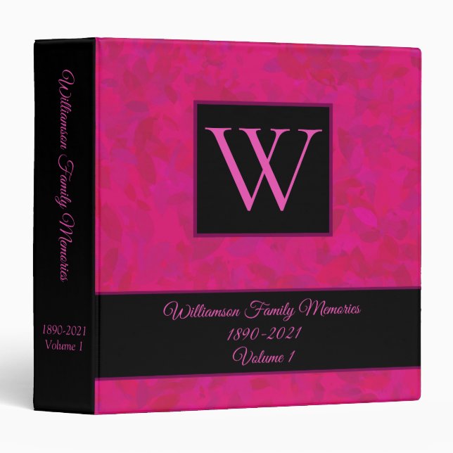 Elegant Pink Leaf Monogram Family Scrapbook Album 3 Ring Binder (Front/Spine)