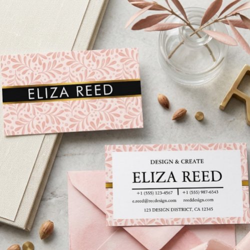 Elegant Pink Leaf Pattern and Gold Accent Business Card