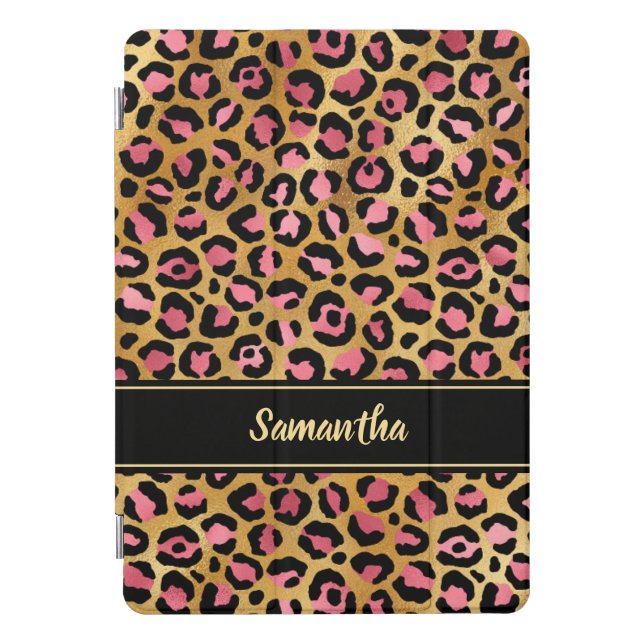 Elegant Pink Leopard Black Gold Foil Personalized iPad Pro Cover (Front)