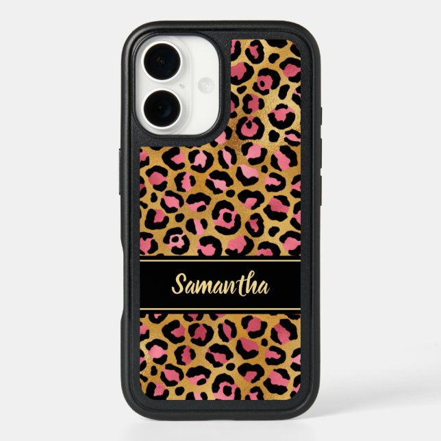 Elegant Pink Leopard Black Gold Foil Personalized Otterbox iPhone Case (Back)