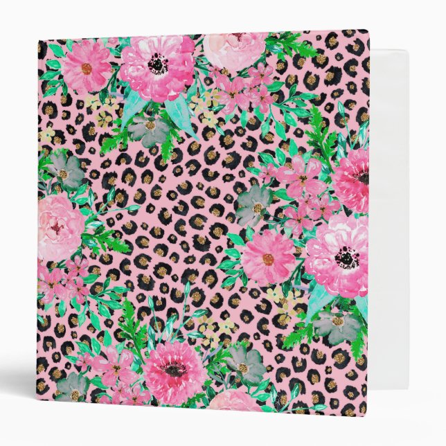 Elegant Pink Leopard Print and Floral Design 3 Ring Binder (Front/Inside)