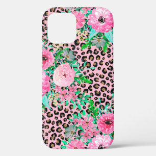 Elegant Pink Leopard Print and Floral Design iPhone 12 Case