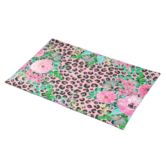 Elegant Pink Leopard Print and Floral Design Cloth Placemat (On Table)