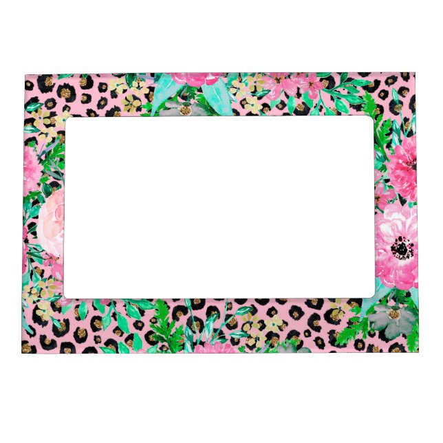 Elegant Pink Leopard Print and Floral Design Magnetic Frame (Front)