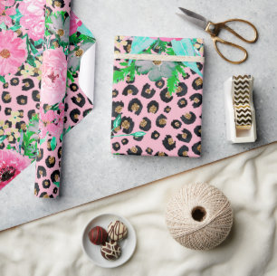 Elegant Pink Leopard Print and Floral Design Wrapping Paper