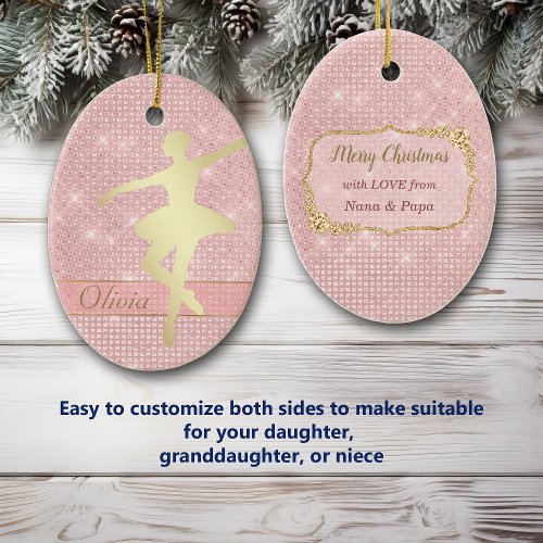 Elegant Pink Lights Gold Ballerina Ceramic Ornament