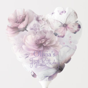 Elegant Pink Lilac Butterfly 1st Birthday Heart Balloon
