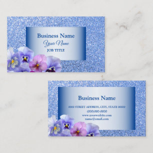 Elegant Pink Lilac Pansy Floral Blue Glitter Business Card
