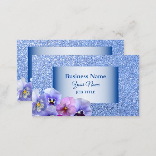Elegant Pink Lilac Pansy Floral Blue Glitter Business Card