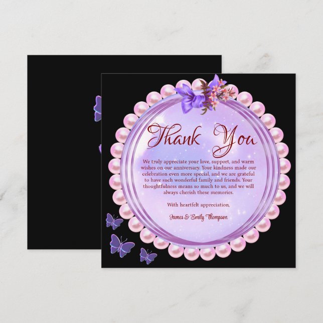Elegant Pink & Lilac Pearl Wedding Anniversary  Thank You Card (Front/Back)