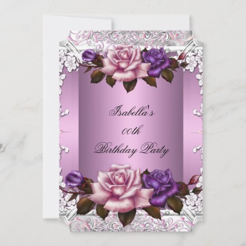 Elegant Pink Lilac Purple Rose Silver Birthday Invitation
