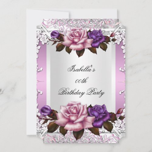 Elegant Pink Lilac Purple Roses Silver Birthday 2 Invitation