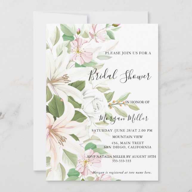 Elegant Pink Lili Ivory Rose Floral Bridal Shower Invitation (Front)