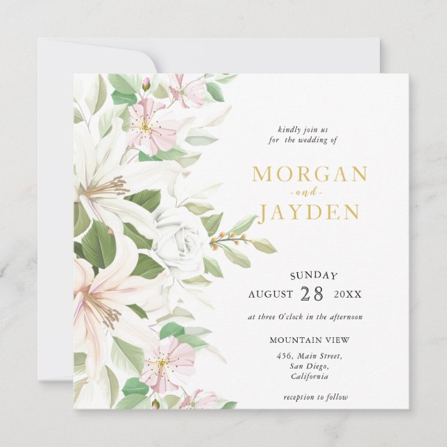 Elegant Pink Lili | Ivory Rose Floral Wedding Invi Invitation (Front)