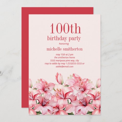 Elegant Pink Lilies 100th Birthday Invitation