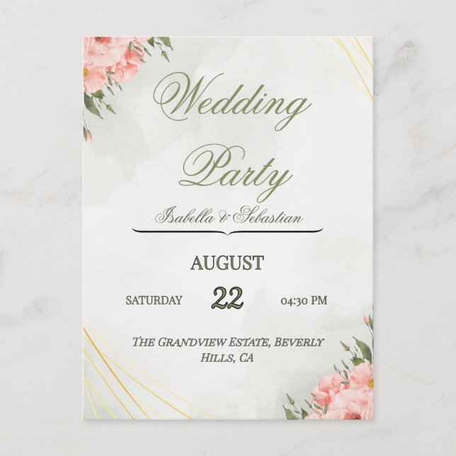 Elegant Pink Lilies & Gold Geometric Frame Wedding Postcard (Front)