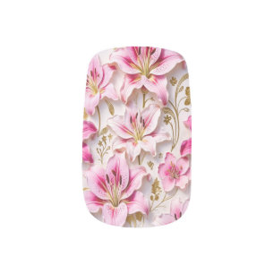 Elegant Pink Lilies with Golden Botanical Accents Minx Nail Art