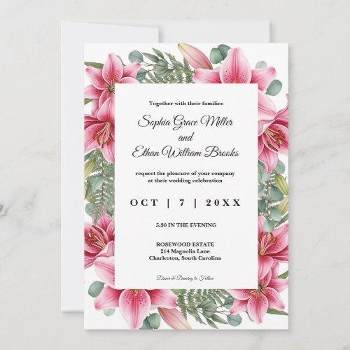 Elegant Pink Lily Floral Eucalyptus Wedding Invitation