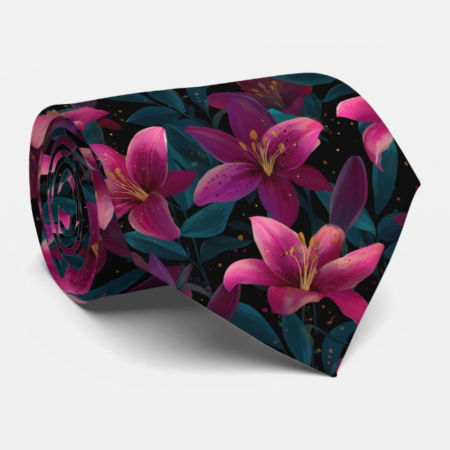 Elegant Pink Lily Floral Pattern on Black Neck Tie (Rolled)