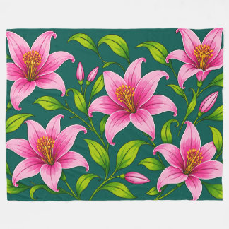 Elegant Pink Lily Floral with Green Foliage Fleece Blanket