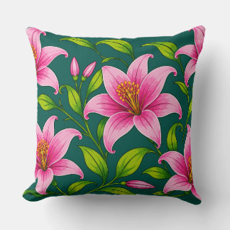 Elegant Pink Lily Floral with Green Foliage Throw Pillow