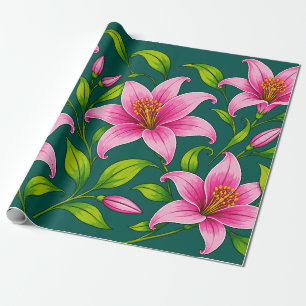 Elegant Pink Lily Floral with Green Foliage Wrapping Paper