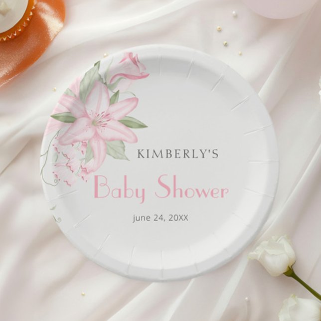 Elegant Pink Lily Green Leaves Baby Shower Paper Plates (Creator Uploaded)