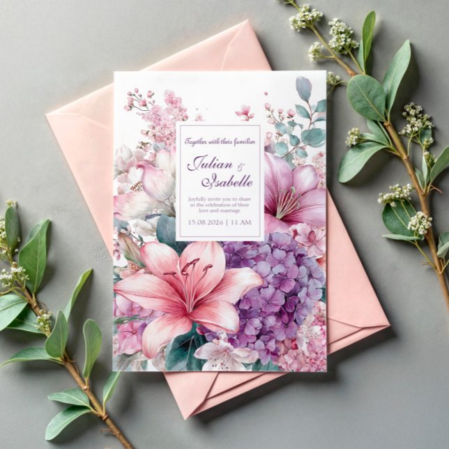 Elegant Pink Lily Purple Hydrangea Lilac Invitation (Creator Uploaded)