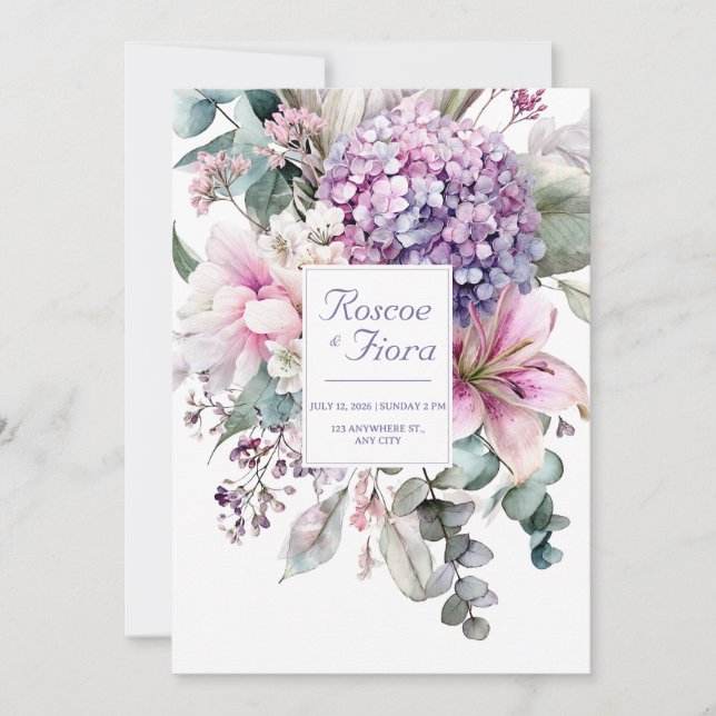 Elegant Pink Lily Purple Hydrangea Watercolor Invitation (Front)