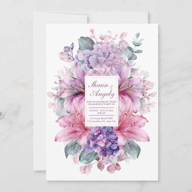 Elegant Pink Lily Purple Hydrangea Watercolor Invitation (Front)