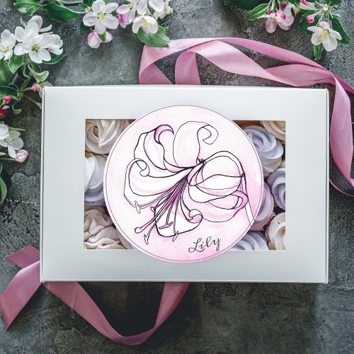     Elegant Pink Lily Watercolor Personalized Name Classic Round Sticker