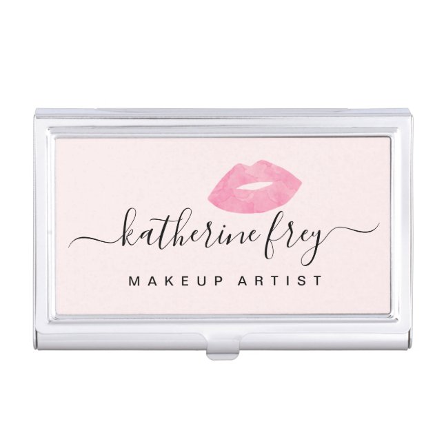 Elegant pink lips handwritten script calligraphy business card case (Front)
