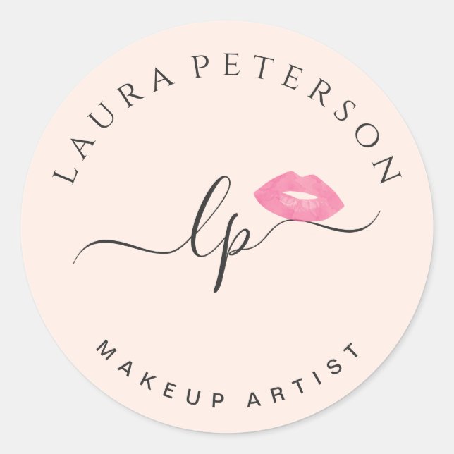 Elegant pink lips handwritten script calligraphy classic round sticker (Front)