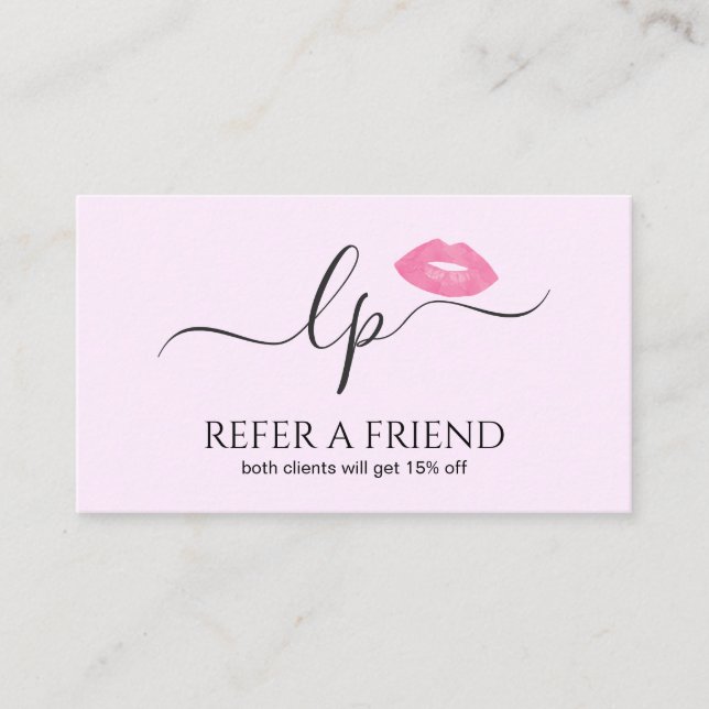 Elegant pink lips handwritten script calligraphy referral card (Front)