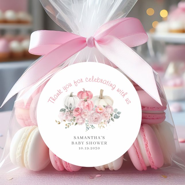 Elegant Pink Little Pumpkin Girl Baby Shower  Classic Round Sticker (Creator Uploaded)