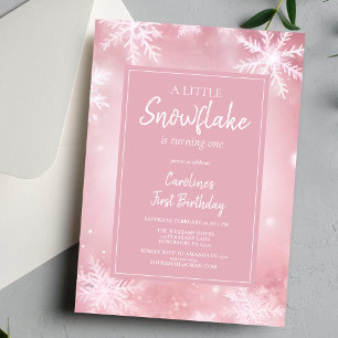 Elegant Pink Little Snowflake Girl First Birthday Invitation