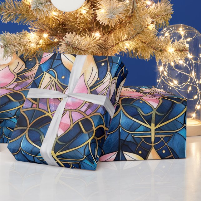 Elegant Pink Lotus Faux Stained Glass Pattern Wrapping Paper (Holidays)