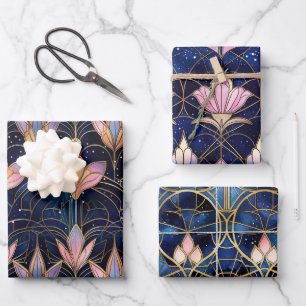 Elegant Pink Lotus Faux Stained Glass Pattern Wrapping Paper Sheets