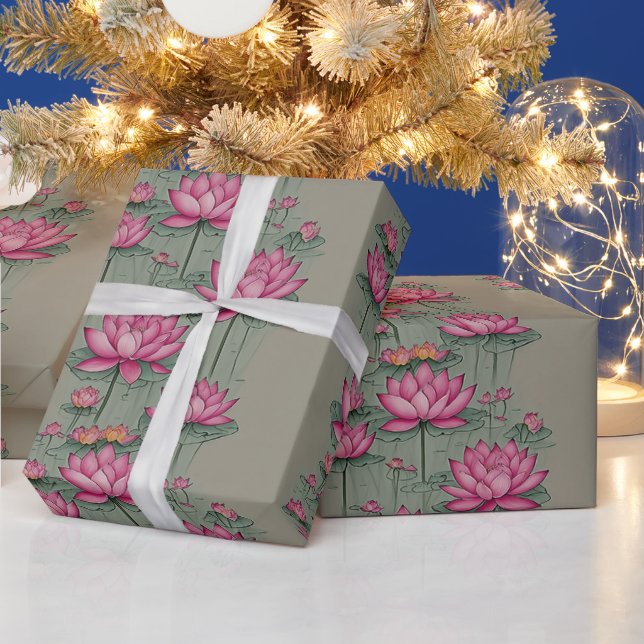 Elegant Pink Lotus Flower Botanical Grey Wrapping Paper (Holidays)