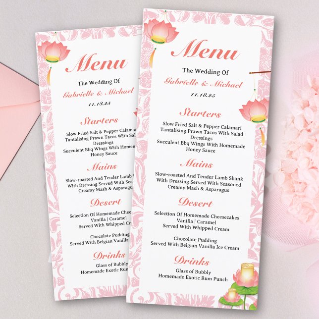 Elegant Pink Lotus Lanterns Indian Wedding Menu (Creator Uploaded)