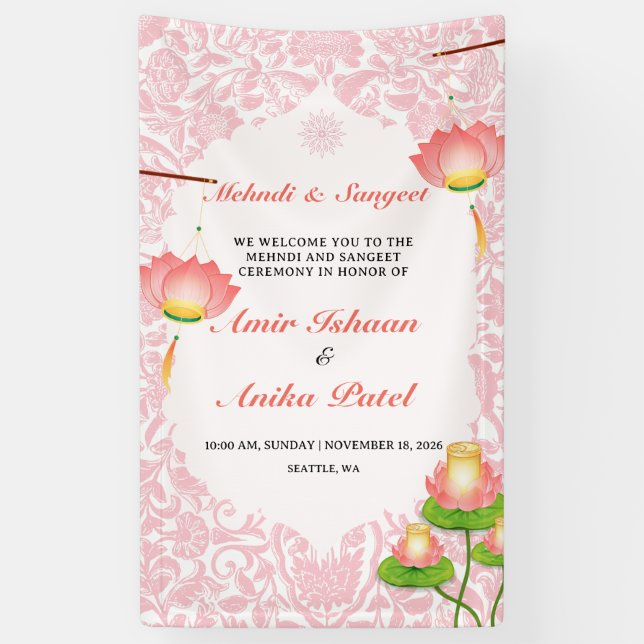 Elegant Pink Lotus Lanterns Mehndi Sangeet Banner (Vertical)