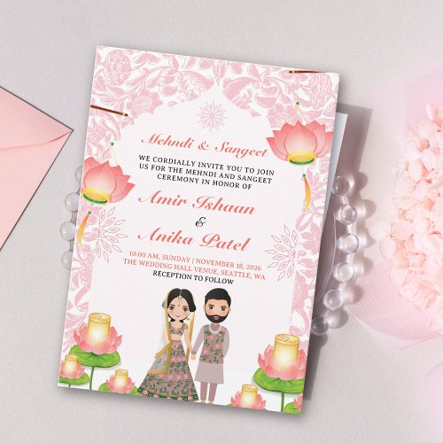Elegant Pink Lotus Lanterns Mehndi Sangeet Indian Invitation