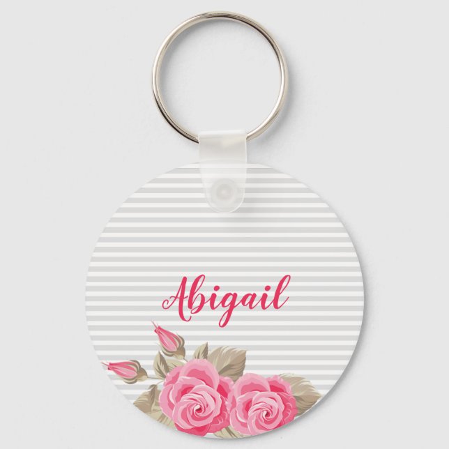 Elegant Pink Lovely & Roses Striped Pattern Keychain (Front)