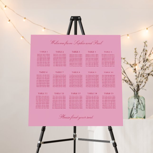 Elegant Pink Magenta 15 Table Seating Chart Foam Board (In Situ (Stand))