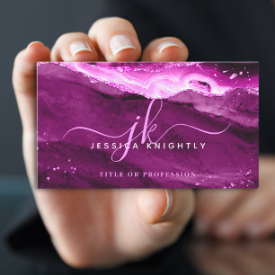 Elegant Pink Magenta Agate Glitter Script Monogram Business Card