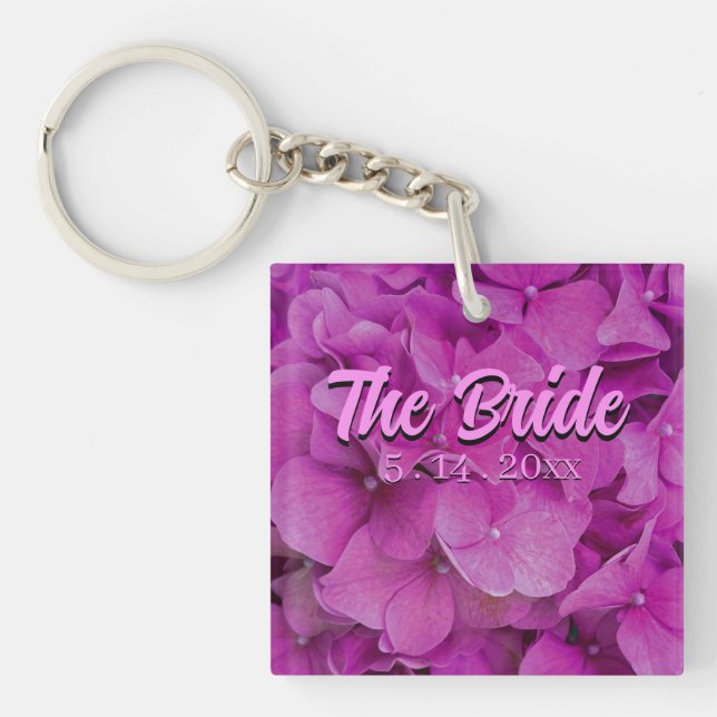 Elegant pink magenta floral hydrangeas roses  keychain (Front)
