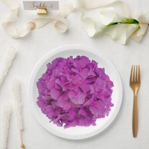 Elegant pink magenta floral hydrangeas roses paper plates