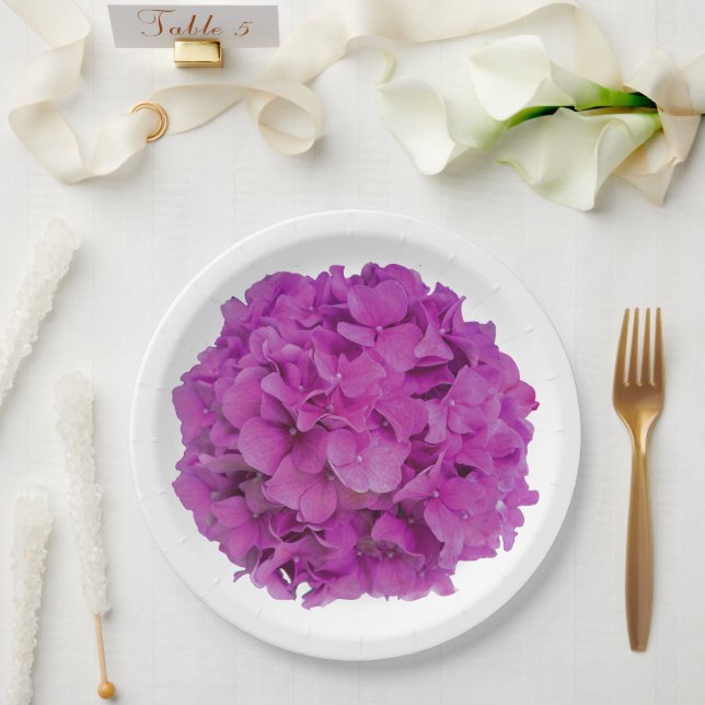 Elegant pink magenta floral hydrangeas roses  paper plates (Wedding)