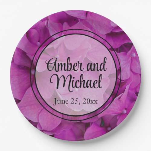 Elegant pink magenta floral hydrangeas roses  paper plates