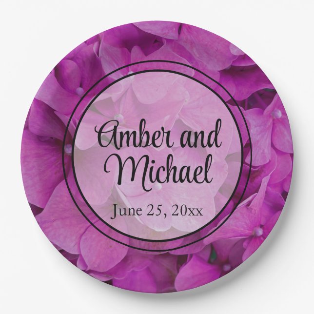 Elegant pink magenta floral hydrangeas roses  paper plates (Front)
